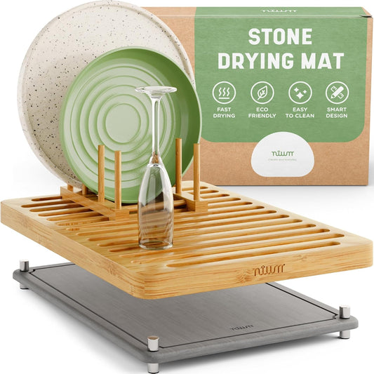 Stone Drying Mat for Kitchen Counter & Bamboo Rack - 16″x12″