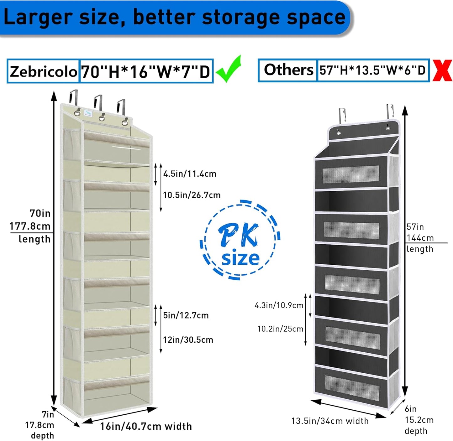 Over the door organizer, Solid Bamboo Board (Not Plastic!) 6-Tier Heavy Duty 75LB, 12 Side Pockets