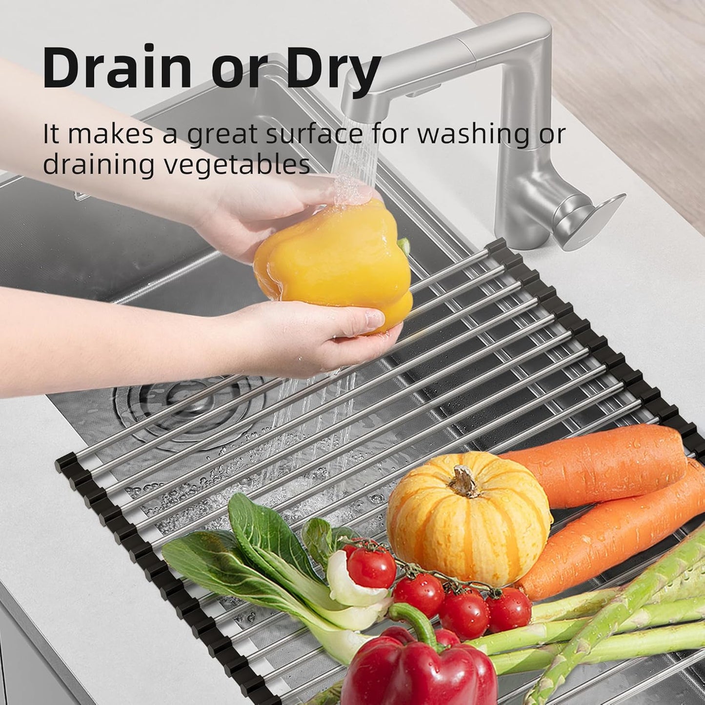 Dish Drying Rack with Roll Up and Over Sink for Kitchen,17.5"x11.8",Black