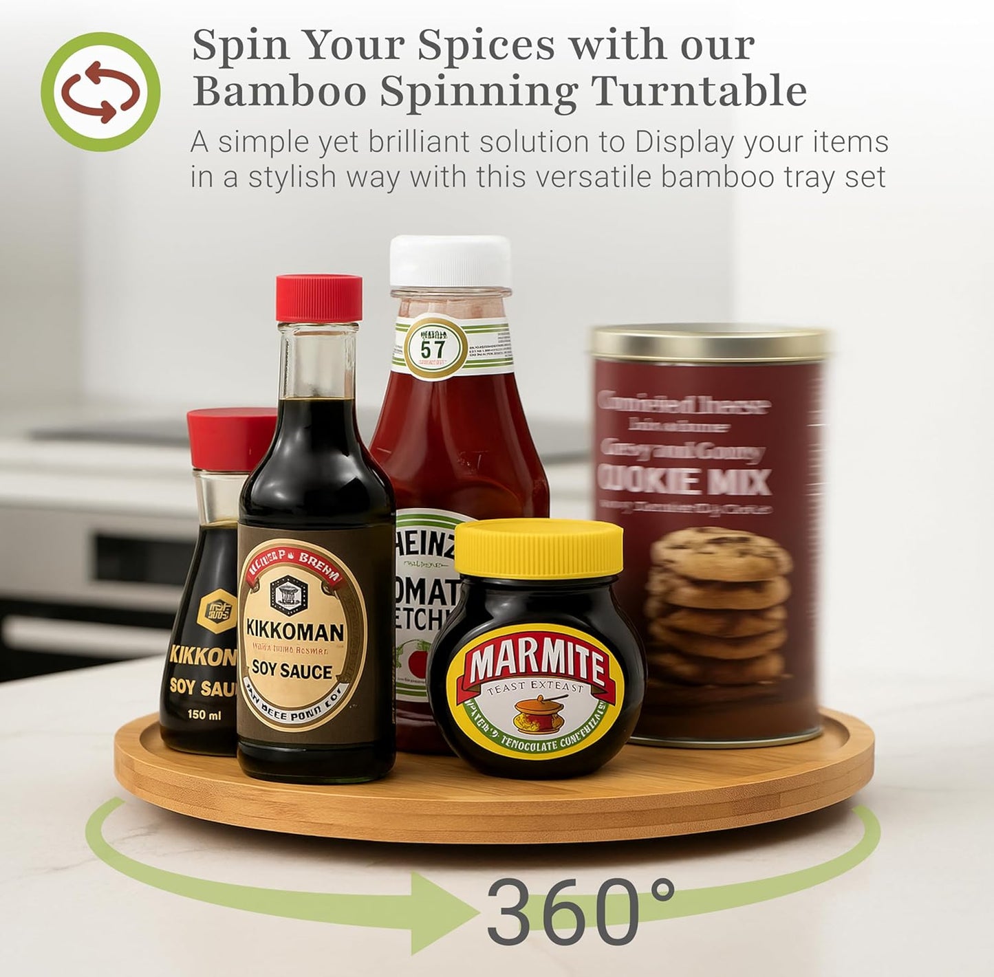 Bamboo Lazy Susan Spinning Organizer Turntable - 10x10-Inch Revolving Condiment and Spice Rack