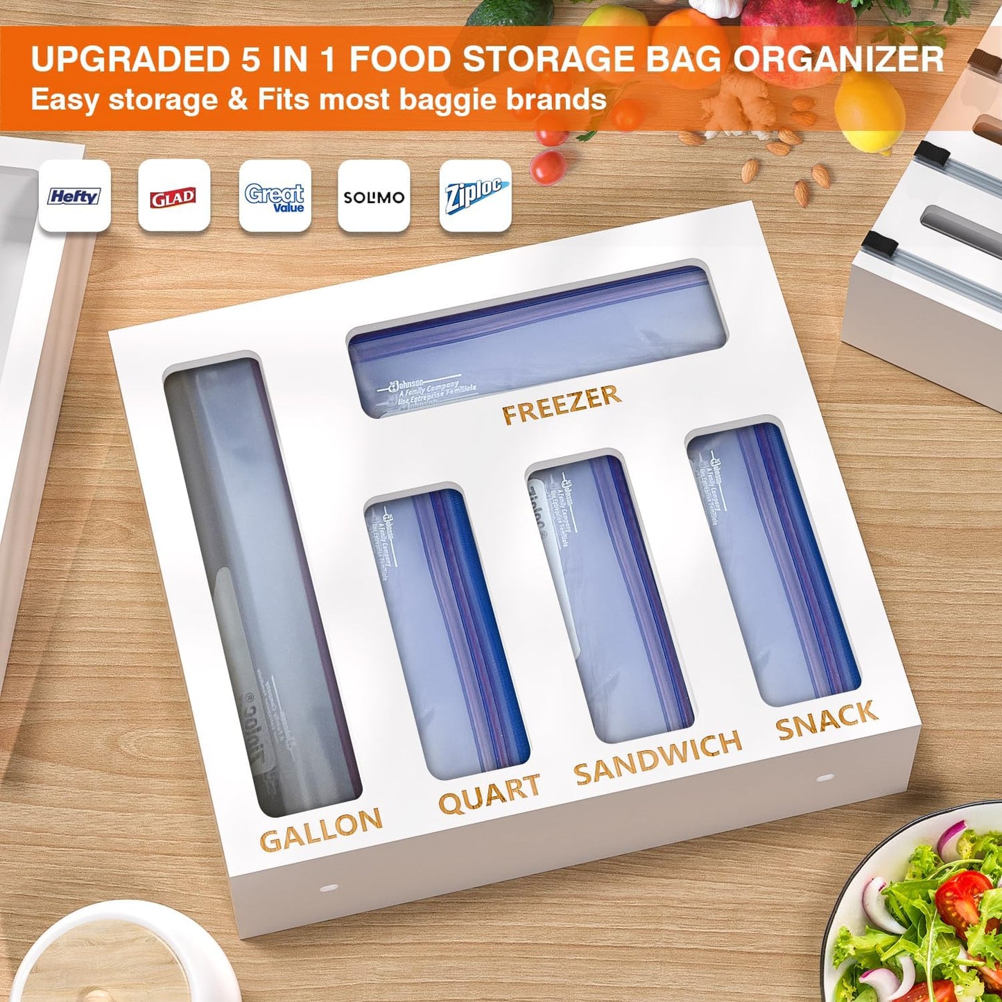 9 IN1 Bamboo Storage Bag Drawer Organizer with Cutter