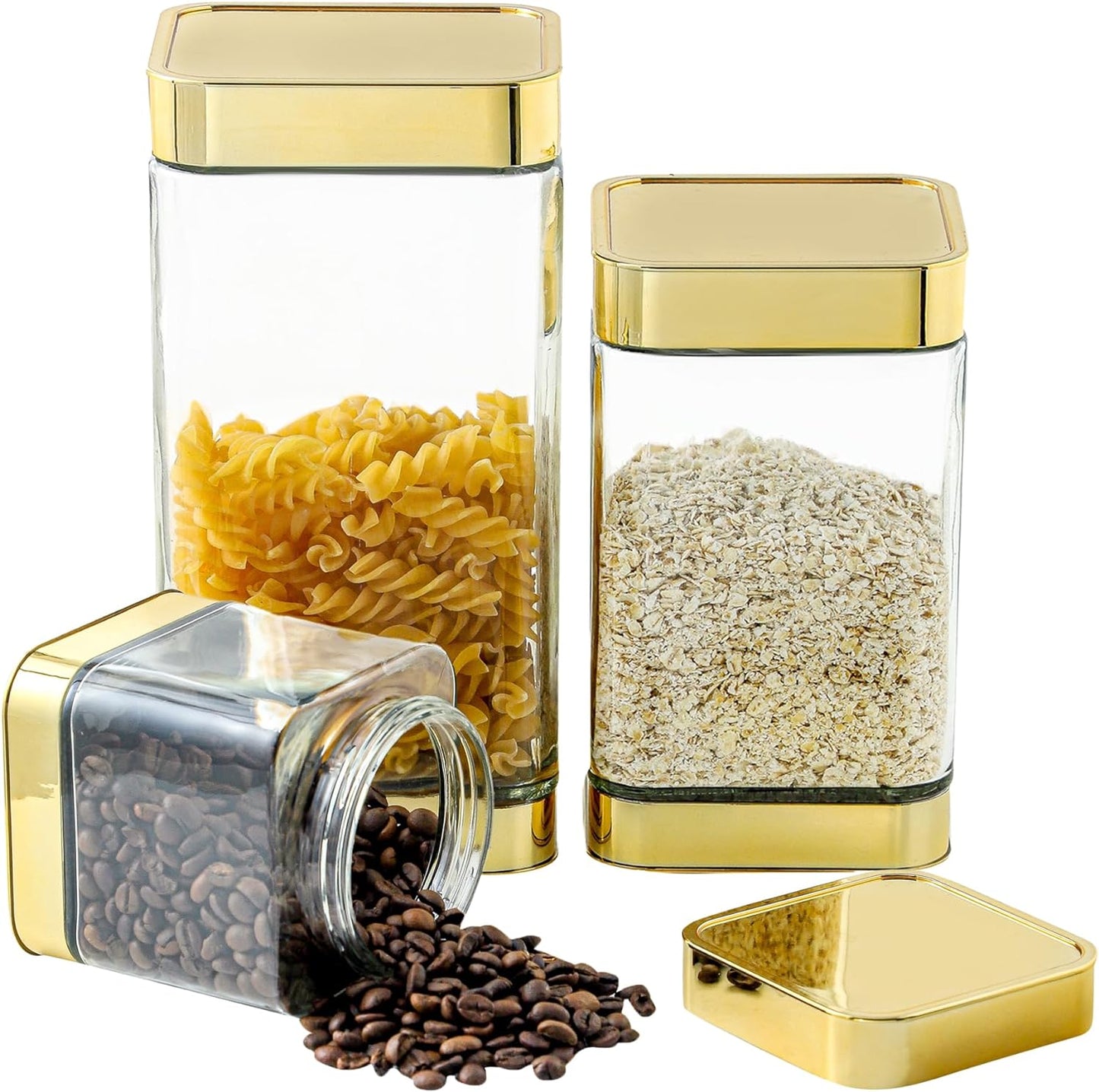 Glass Storage Jars-Large Kitchen Glass Canisters with Airtight Lids -Coffee Pasta Sugar Tea Snack Nuts Cookie Flour Food Container - Set of 3…