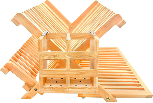 Bamboo Dish Drying Rack with Utensil Holder Set,3-Tier Collapsible Wood Dish Drying Rack for Kitchen,Folding Bamboo Drying Rack with Utensils Flatware Holder,Space-Saving Storage
