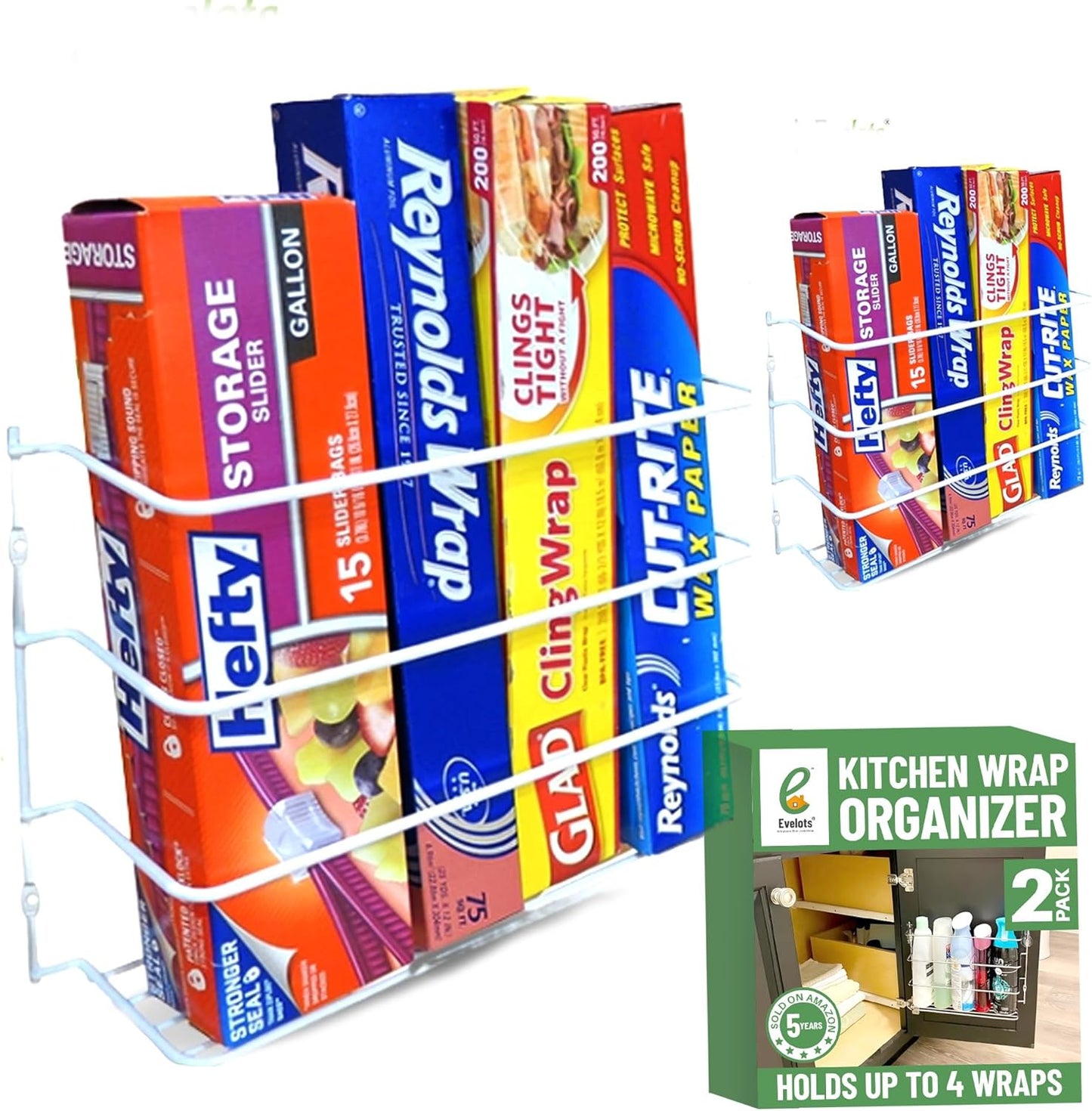 Kitchen Wrap Organizer - 2 Pack - Hold up to 4 Plastic, Foil, Paper, Wax - Cabinet Door