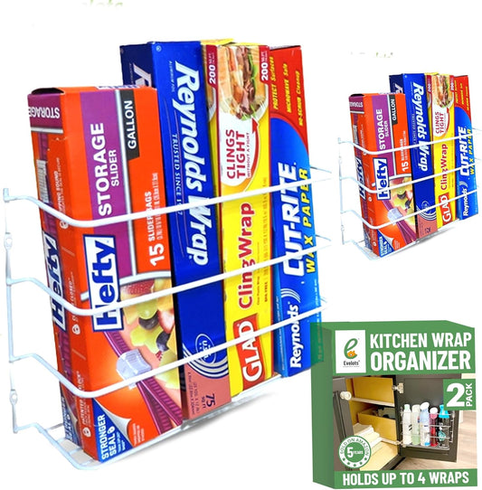 Kitchen Wrap Organizer - 2 Pack - Hold up to 4 Plastic, Foil, Paper, Wax - Cabinet Door