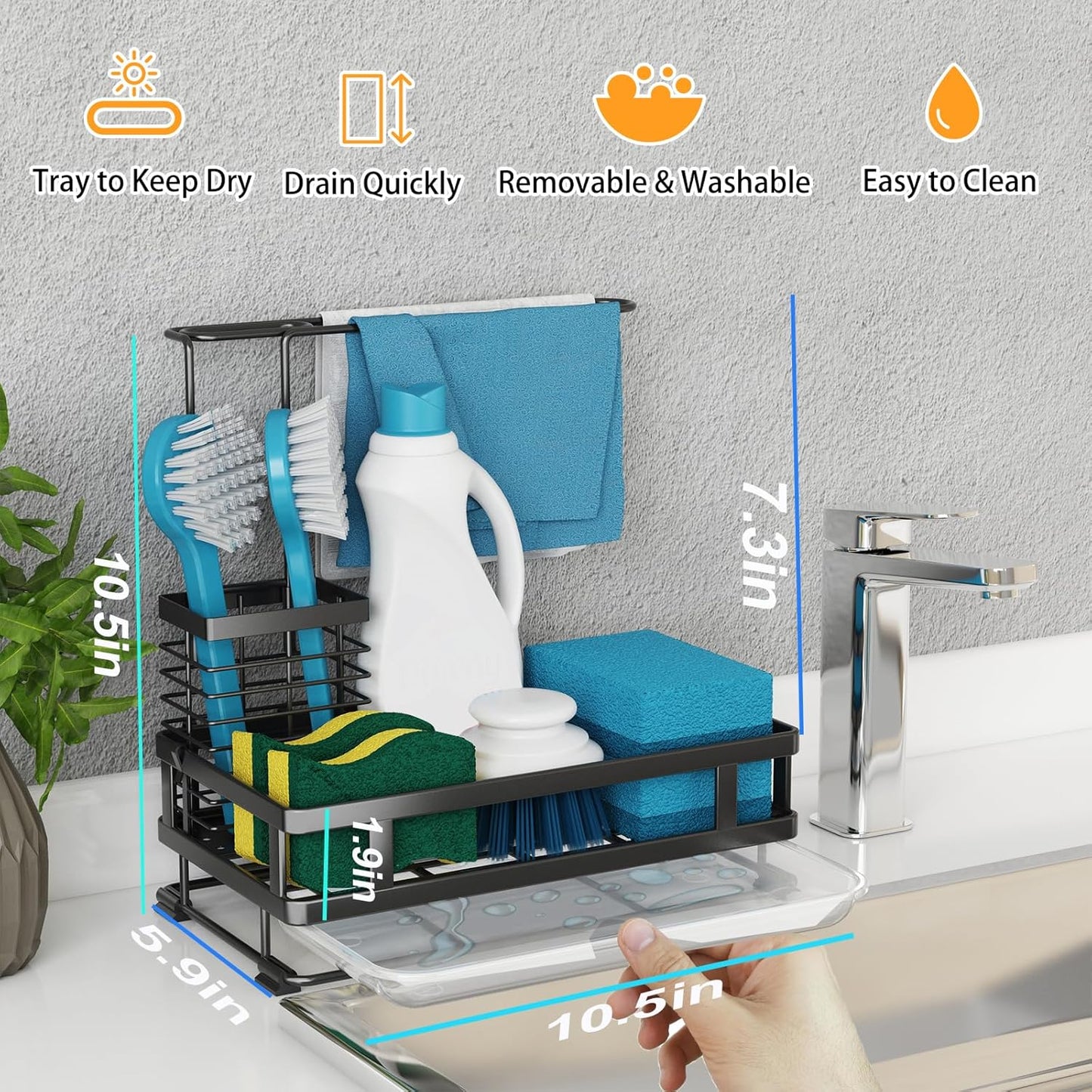Kitchen Sink Organizer with Brush Rack, 304 Stainless Steel Dish Soap Dispenser
