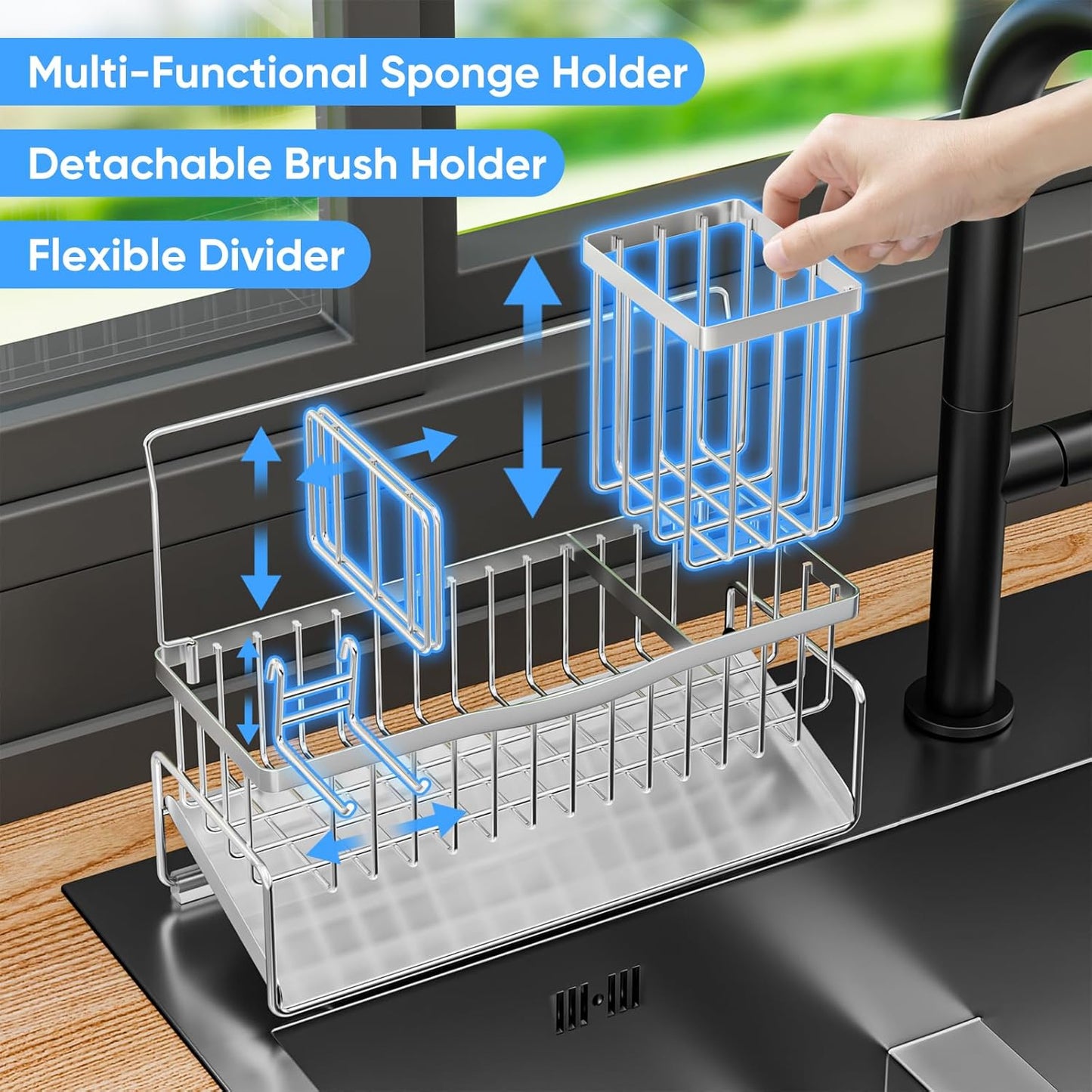 Sponge Holder for Kitchen Sink 304 Stainless Steel Self-Draining Sink Caddy with Smiley Face Sponge and Brush Holder Towel Bar and Divider Kitchen Gadgets Organizer for Countertop, Silver