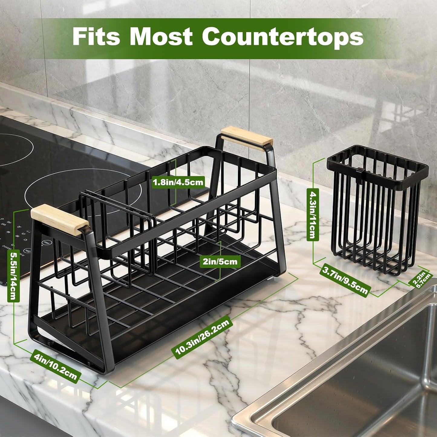 Sponge Holder for Kitchen Sink, 2-Tier Sink Caddy Organizer with Flexible High Brush Holder