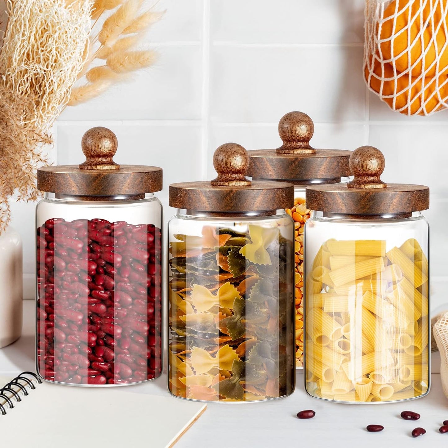 4 Pcs 32 oz Glass Food Storage Jar with Acacia Wood Lids Airtight Sealed Clear Glass Canisters Air Tight Glass Container Jar for Coffee Beans Nuts Loose Leaf Tea Sugar Spice Candy Rice Pasta
