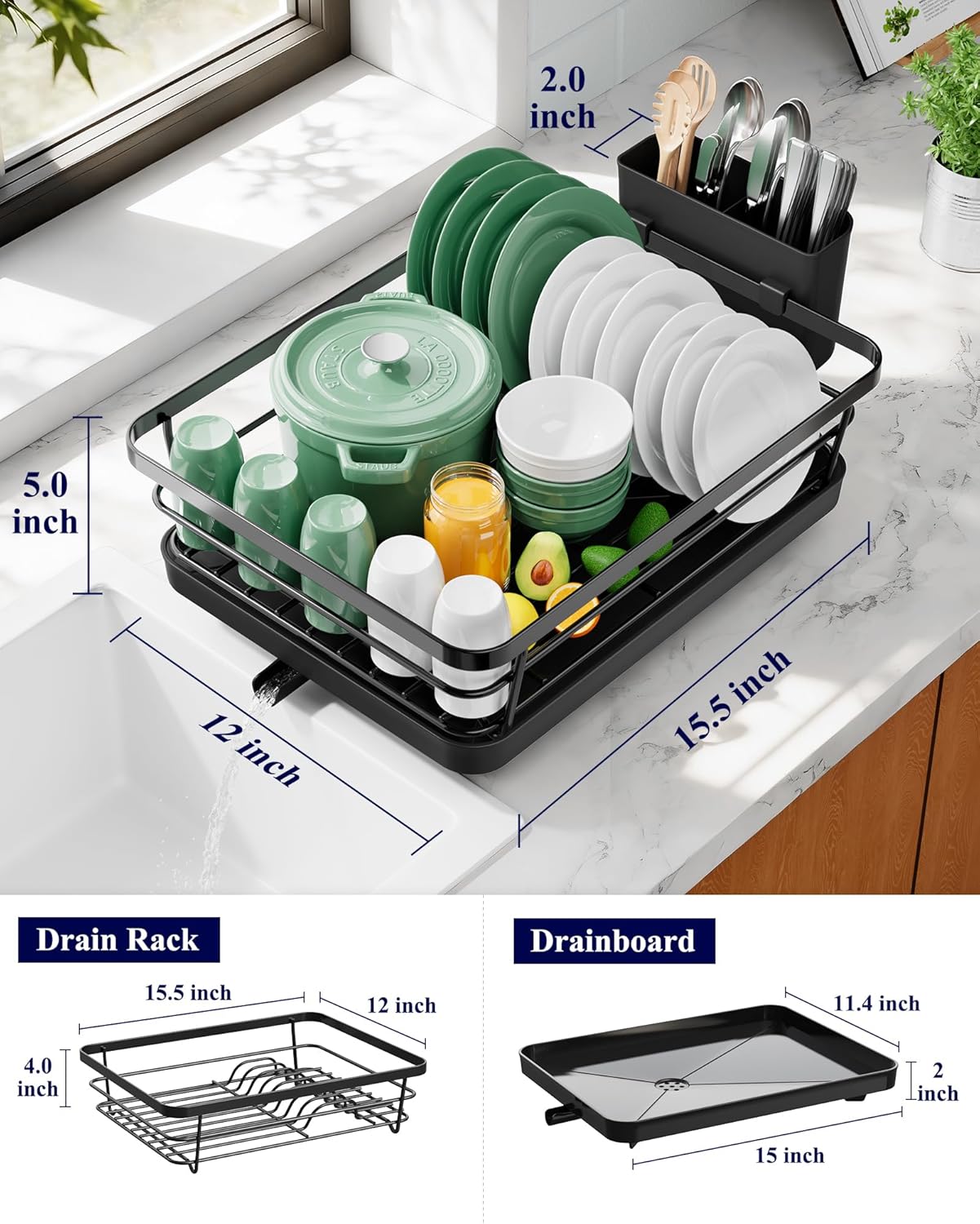 Dish Drying Rack for Kitchen Counter, Stainless Steel Sink Organization and Storage Essentials with Cutlery Holder, Home and Appartment Decor, 12''W x 15.5''L, Black