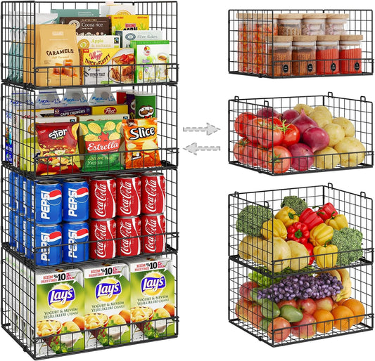 4 Pack Stackable Wire Baskets for Pantry Organizers and Storage