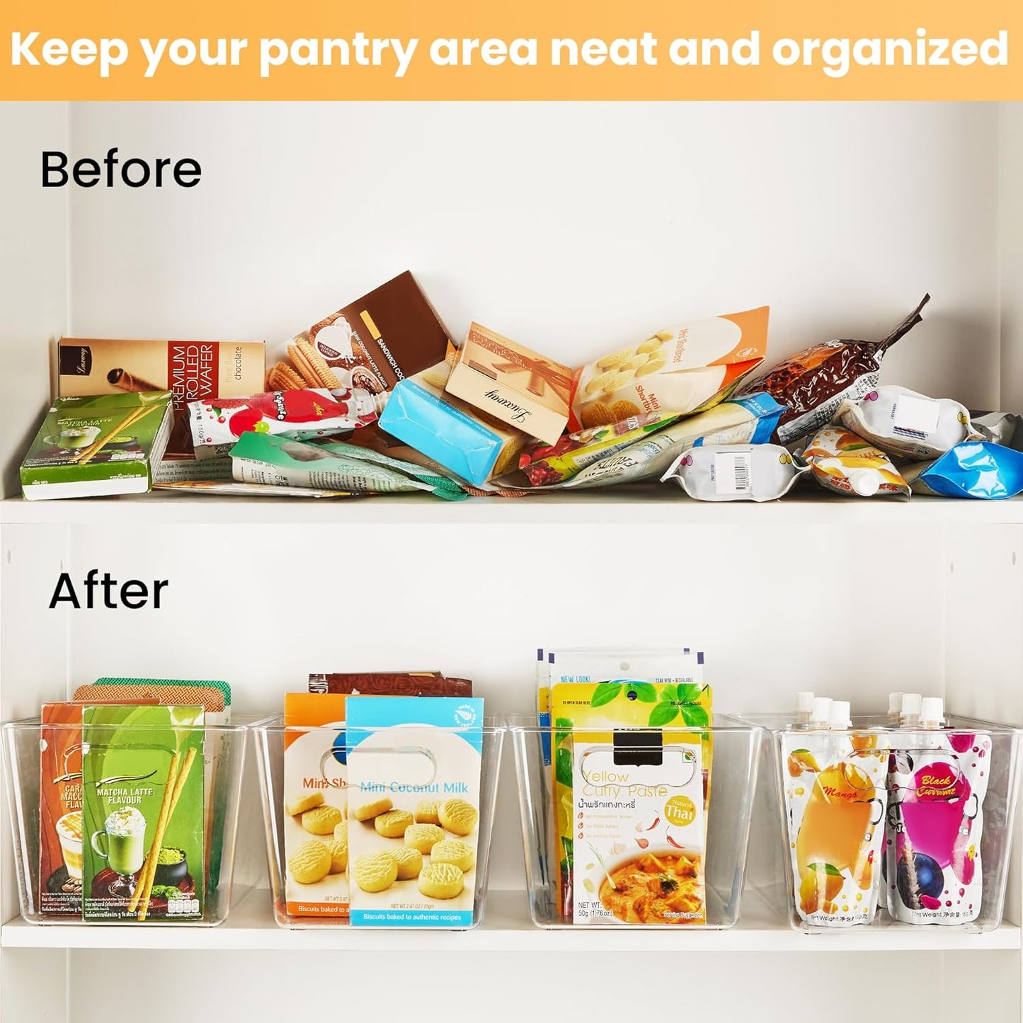 12 Pack Clear Pantry Organizer Bins, Plastic Containers with Handle for Kitchen,Freezer,Cabinet,Closet,Bathroom Under Sink Storage
