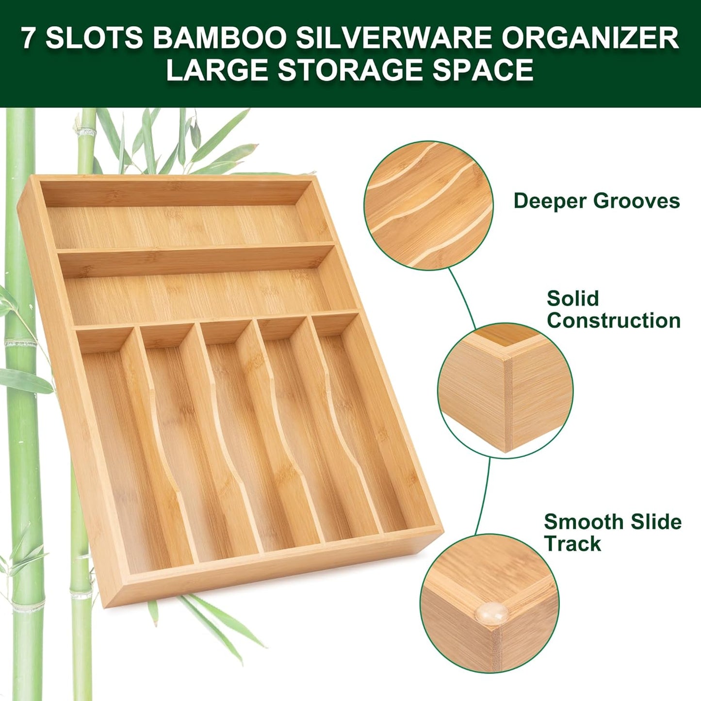 Natural Utensil Organizer 12.5 Inch Silverware Organizer for Drawer Utensil Holder Cutlery Organizer Kitchen Drawer Organizer 7 Compartment Small Narrow Bamboo