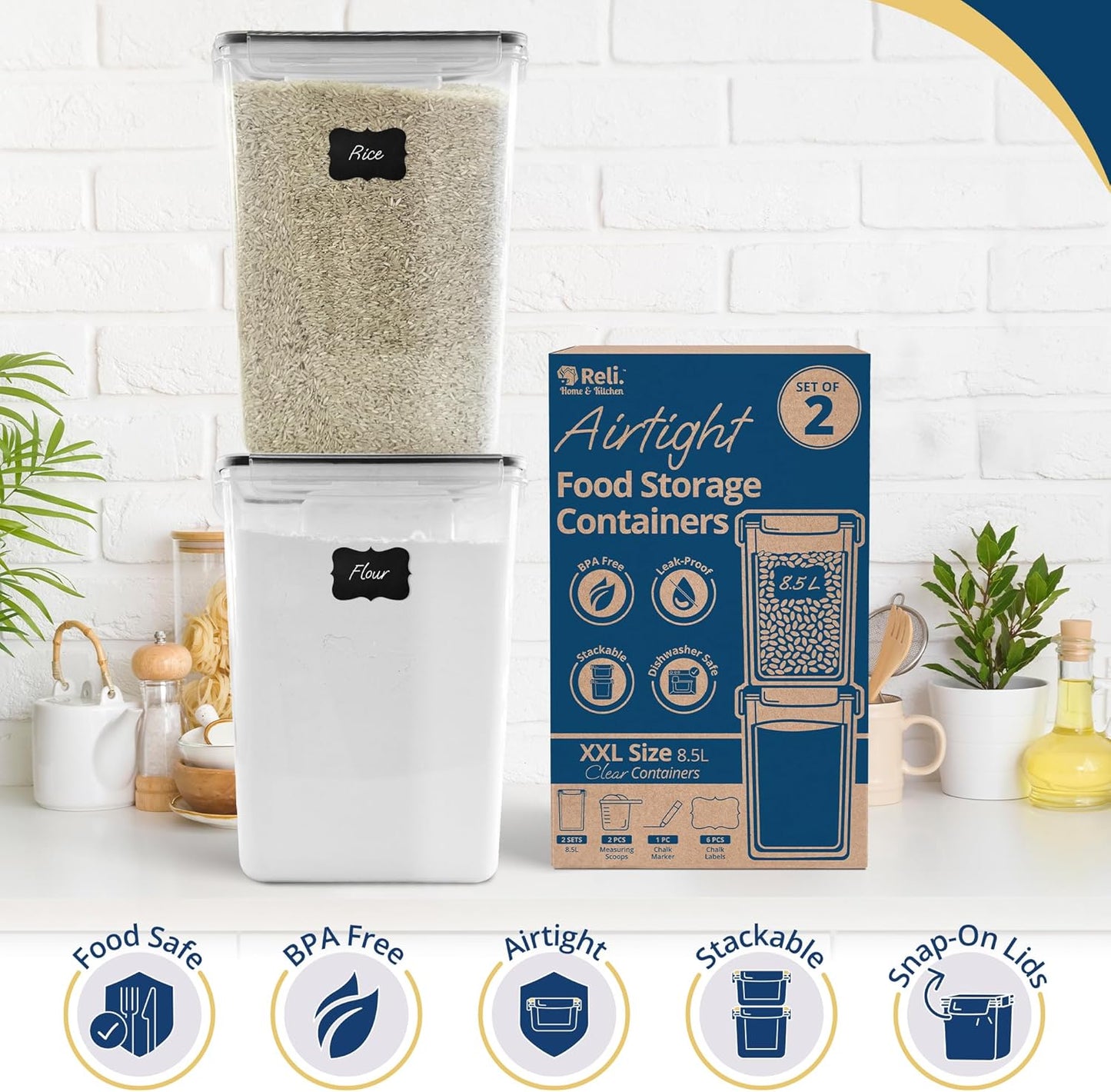 8.5L Airtight Food Storage Containers with Lids (2 Sets) Kitchen Organizers and Storage Containers
