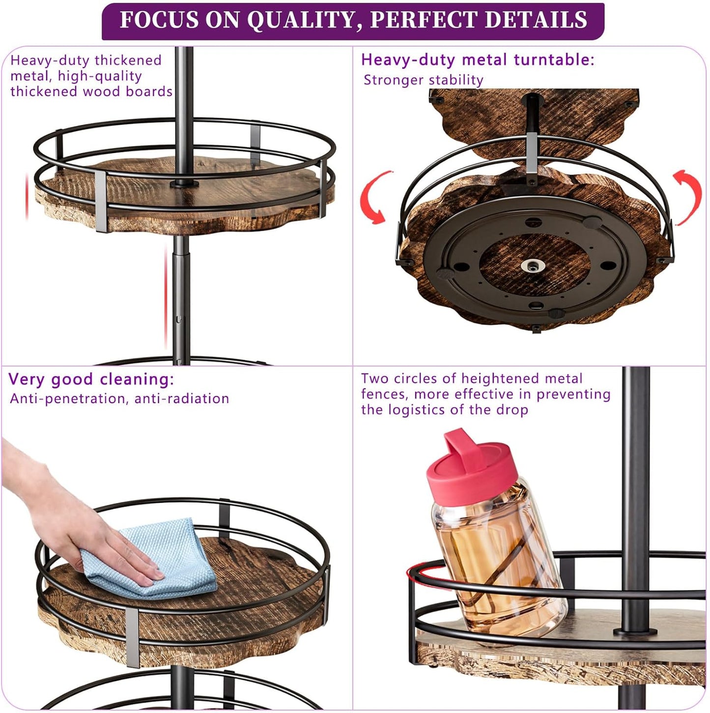 Heavy-Duty 3-Tier Lazy Susan Organizer, Adjustable to Different Heights, Countertop Spice Rack