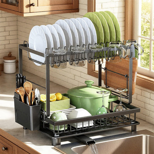 Dish Drying Rack, 2 Tier Space-Saving Dish Rack