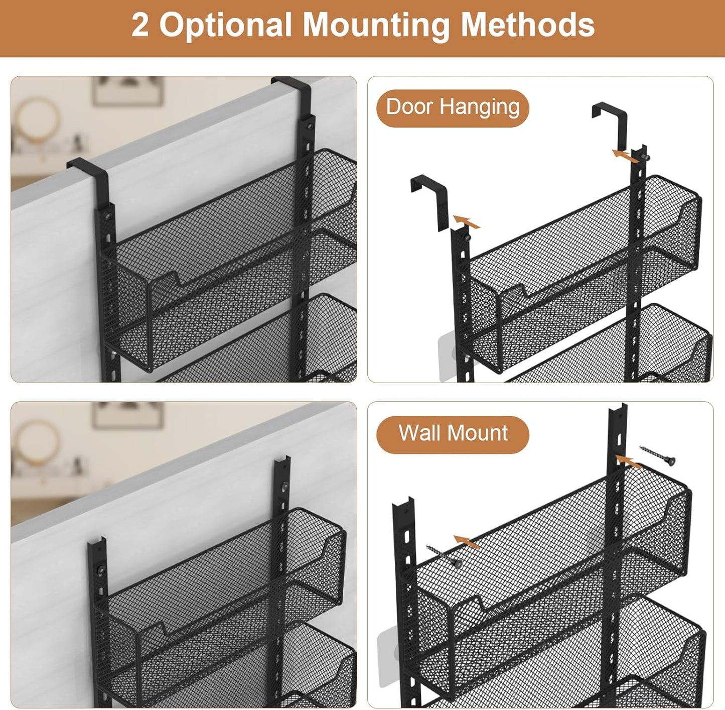 Over The Door Organizer, Metal Door Organizer Hanging with 5 Adjustable Baskets and Coat Hook