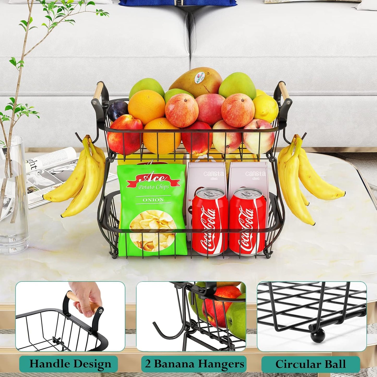 2 Tier Fruit Basket with 2 Banana Hangers