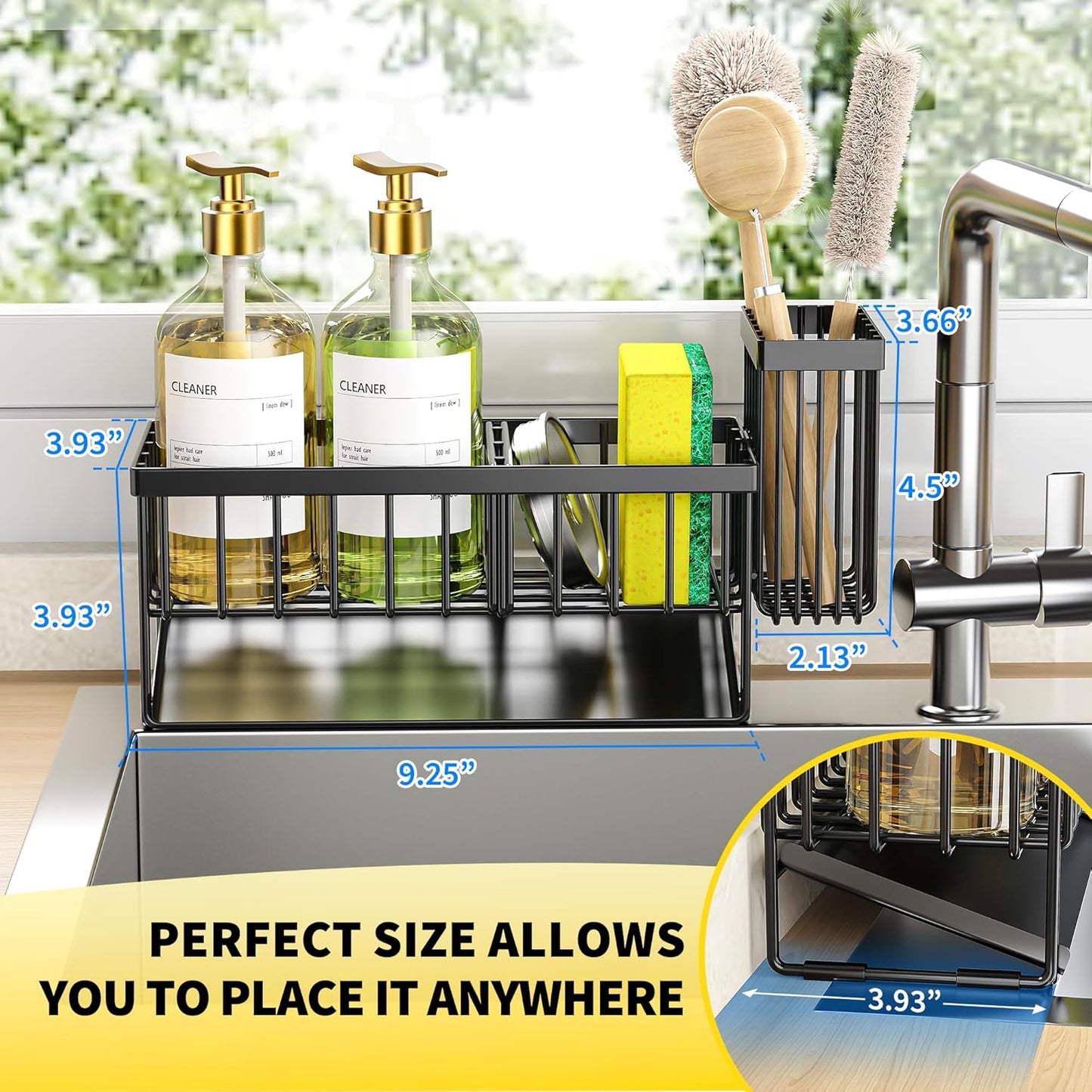 Sink Caddy Sponge Holder for Kitchen with Brush Holder and Stainless Steel Self Drain Tray
