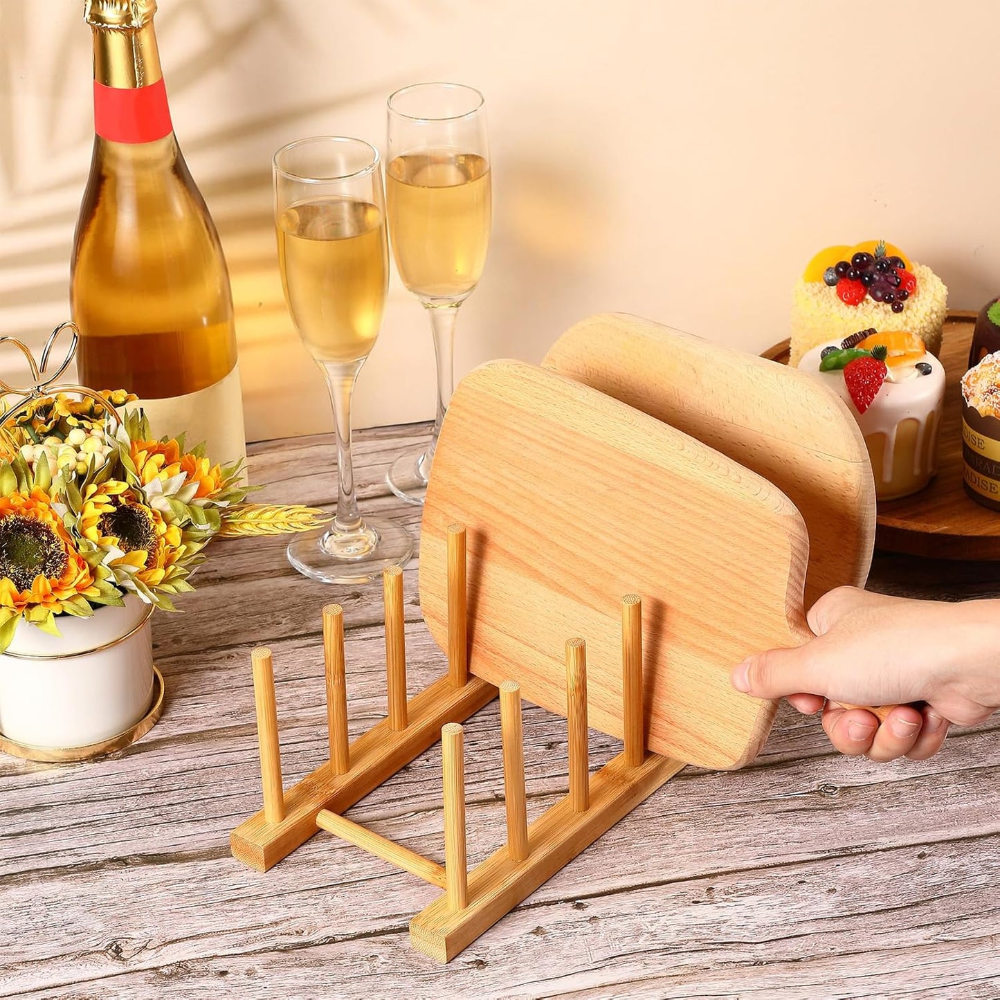 8 Pcs Bamboo Wooden Plate Rack Dish Drying Rack Wood Pot Lid Holder Stand Kitchen Cabinet Organizer for Bowl Cup Cutting Board