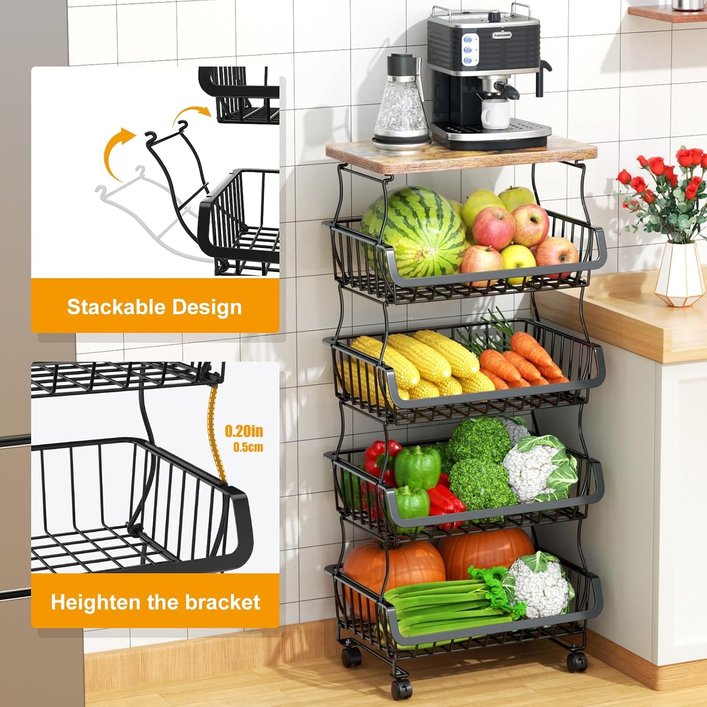 Fruit Vegetable Basket for Kitchen, 5 Tier Stackable Fruit Vegetable Storage Baskets with Wheels