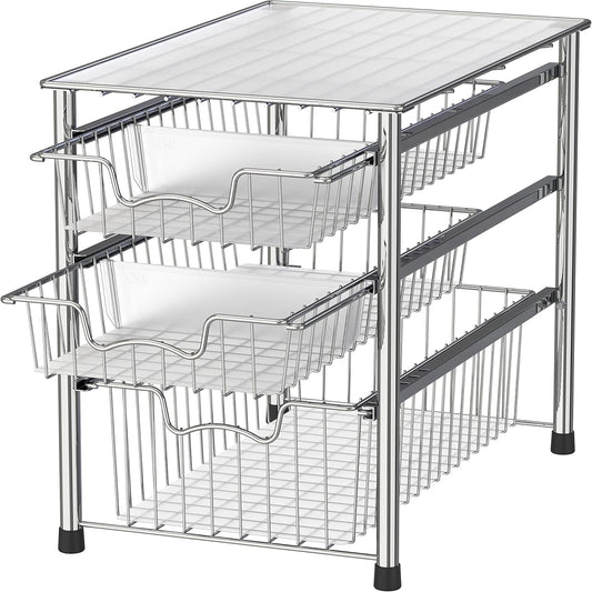 Stackable 3 Tier Sliding Basket Organizer Drawer, Chrome