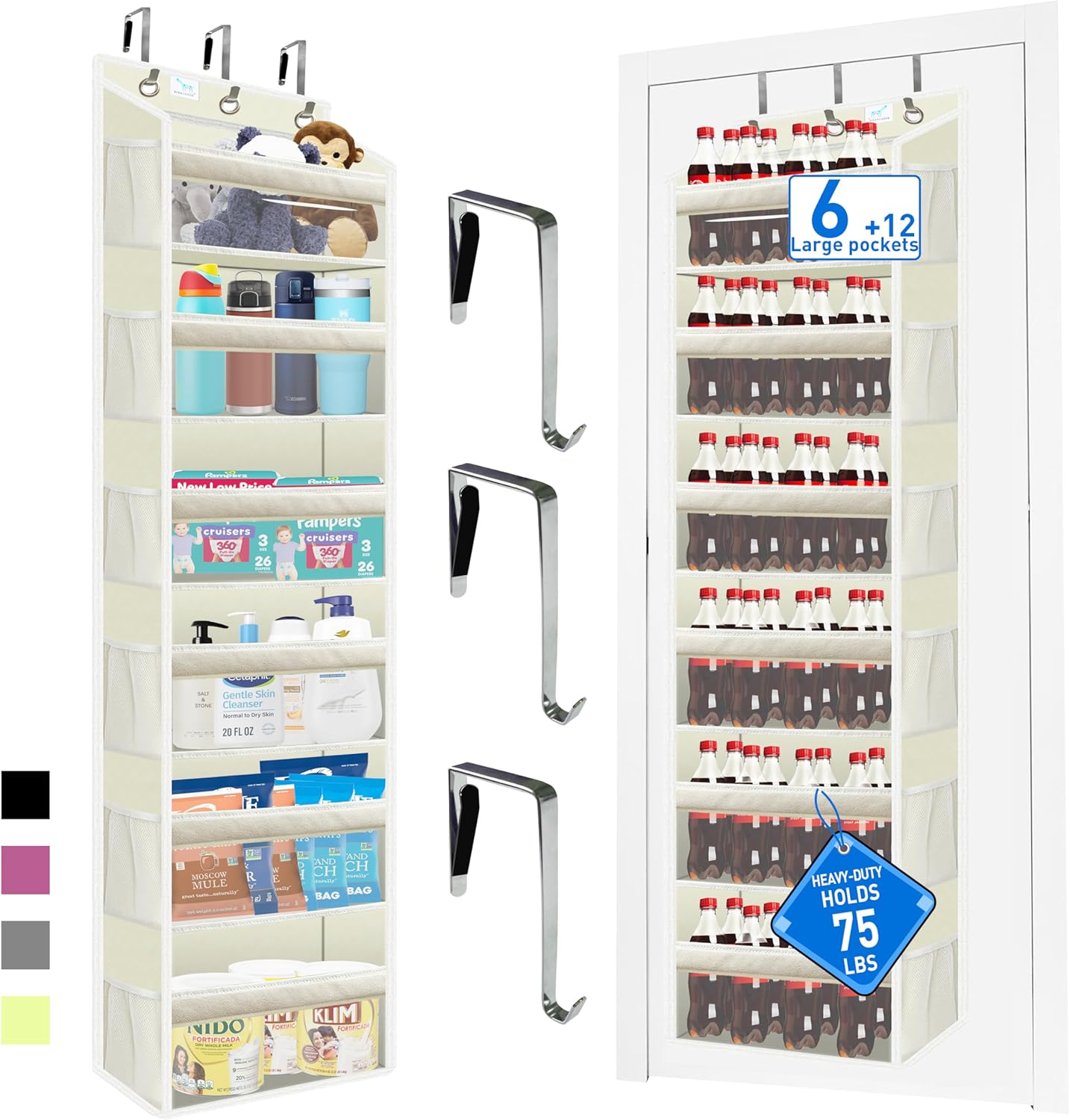 Over the door organizer, Solid Bamboo Board (Not Plastic!) 6-Tier Heavy Duty 75LB, 12 Side Pockets