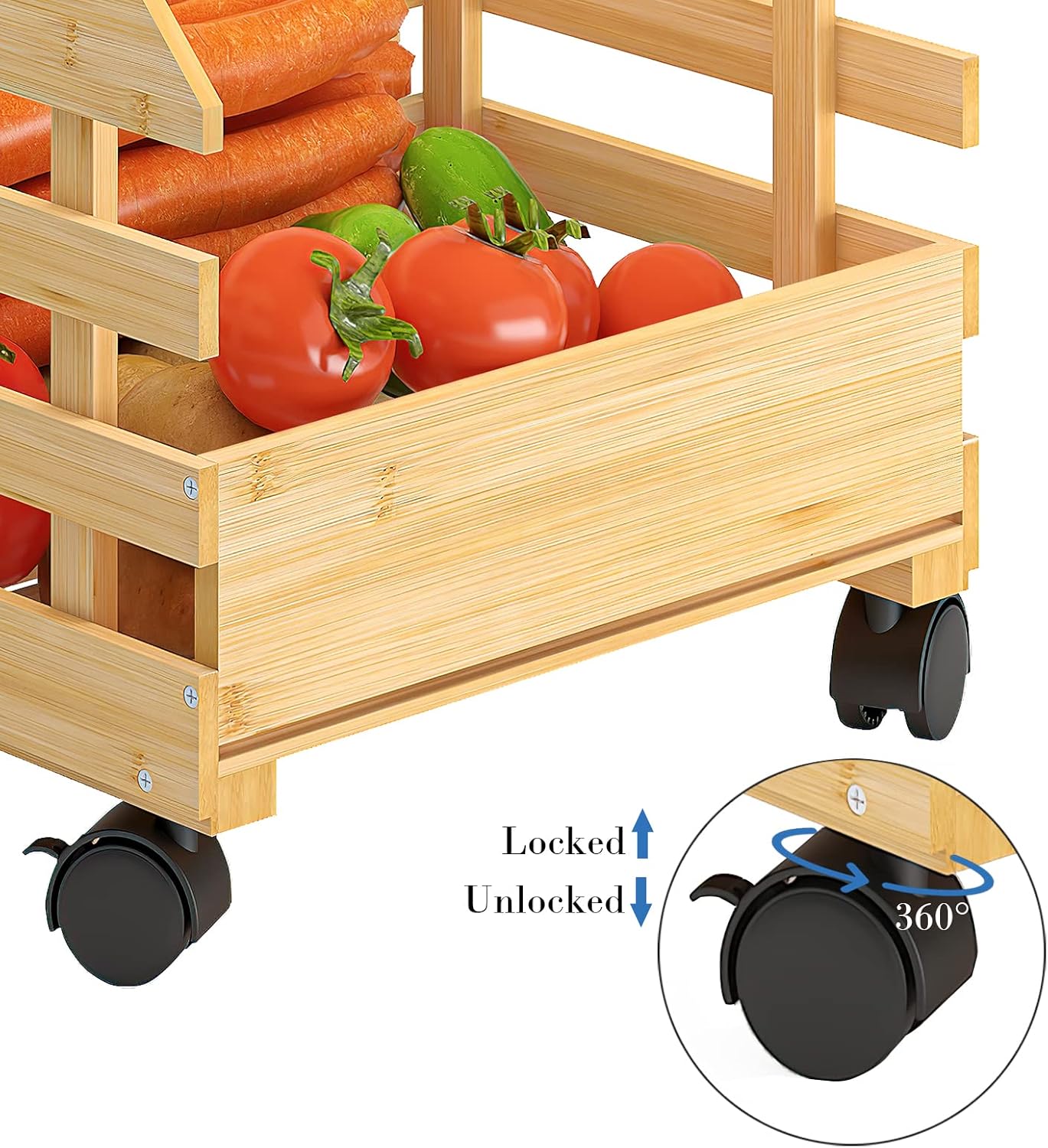 Bamboo Fruit Basket Stand, Potato and Onion Storage Cart, 3-Tier Fruit Basket with Wheels