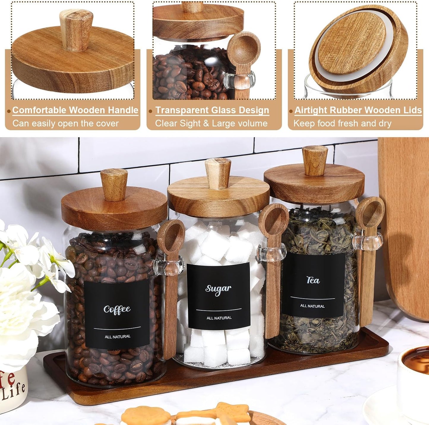 3 Pcs Glass Coffee Container with Wooden Lid Spoon Shelf Labels Clear Airtight Jar Food Storage Canister Set for Sugar Spice Coffee Bean Holder Housewarming Gift(25 oz,Acacia Brown)