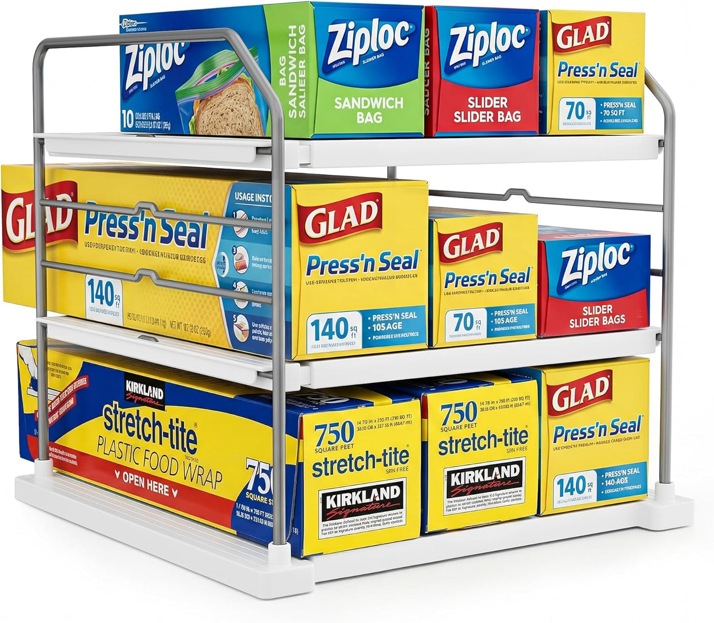 Extendable 3-Tier Kitchen Cabinet & Pantry Organizer for Plastic Wrap, Foil & Storage Bags