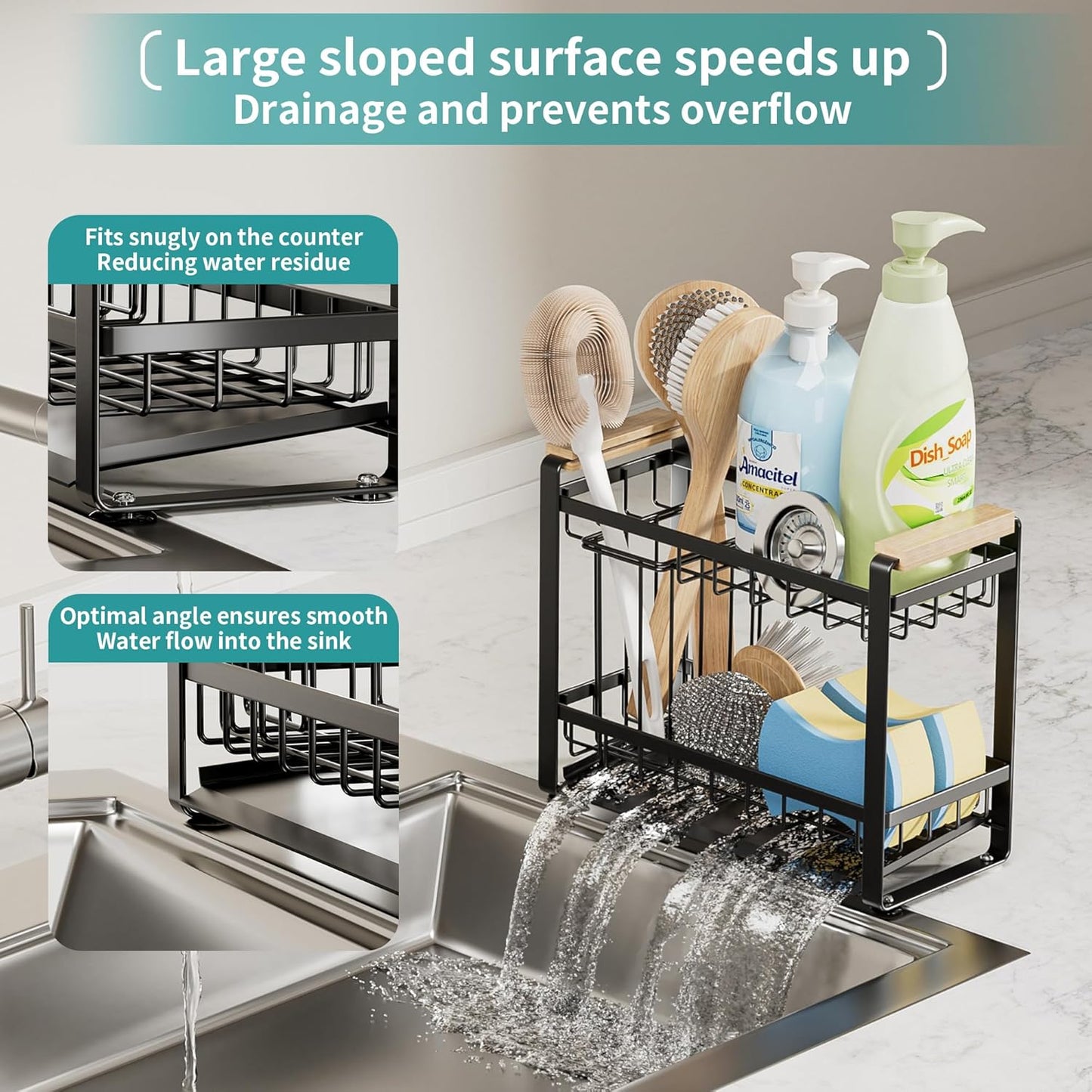 Sink Caddy Organizer with Wooden Handle, 2-Tier Rustproof Metal Sink Organizer Non-Slip Suction Cups, Multi-Functional Storage for Sponge, Soap Dispenser, Kitchen and Bathroom Countertop Accessories