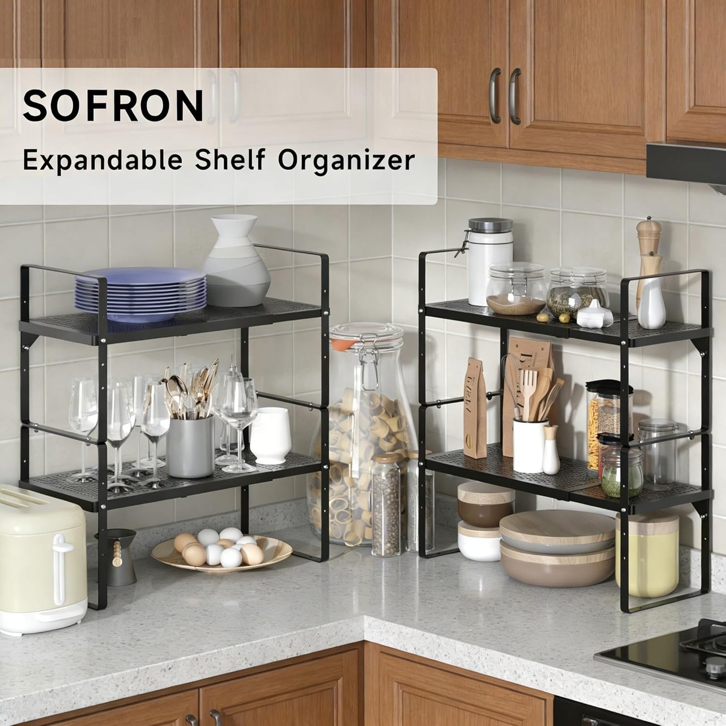 Expandable Cabinet Organizer Shelf - Adjustable Width (16.5”-27.1”), Stackable, Heavy Duty 80 lbs