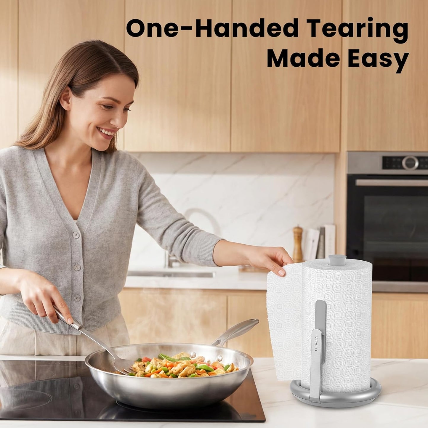 Paper Towel Holder Countertop, Freestanding Paper Towel Dispenser with Spring-Loaded Arm for One-Handed Tear, Weighted Non-Slip Base, Stainless Steel for Kitchen