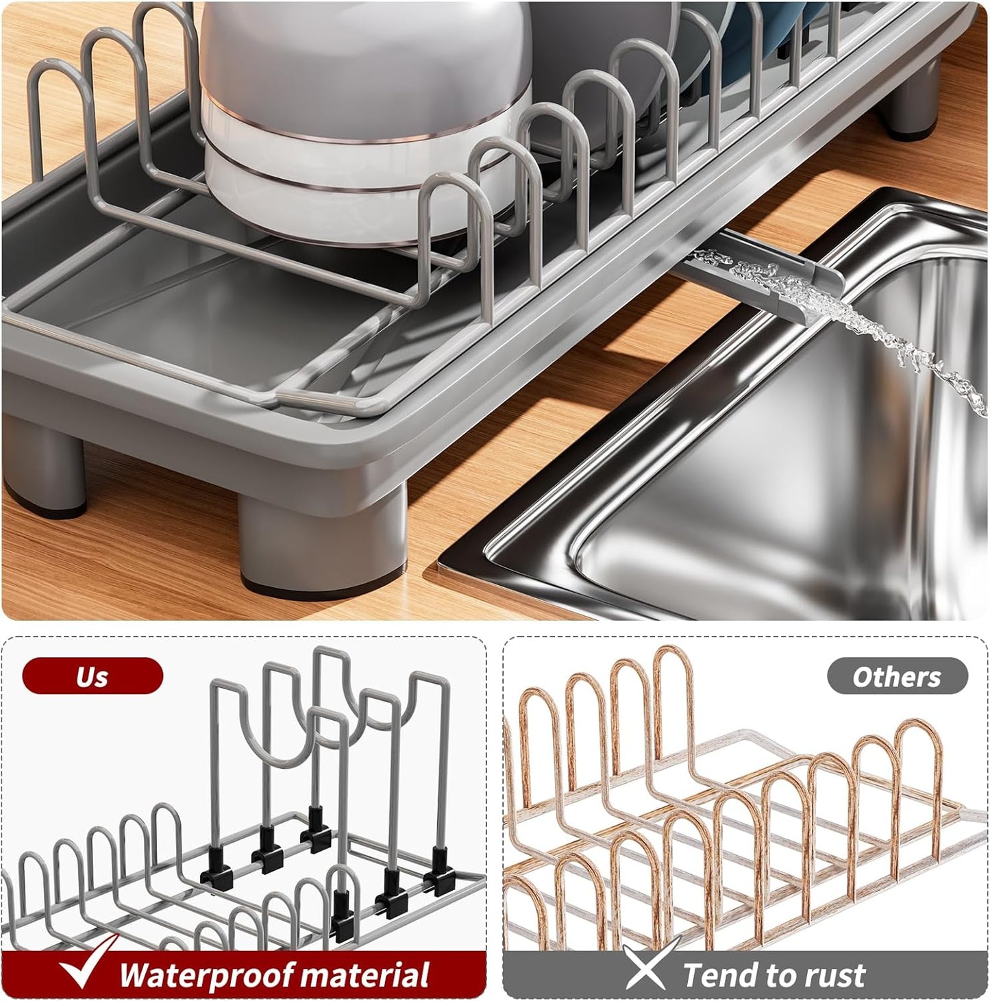 Small Dish Drying Rack with Removable Utensil Holder & Anti-Scratch Base