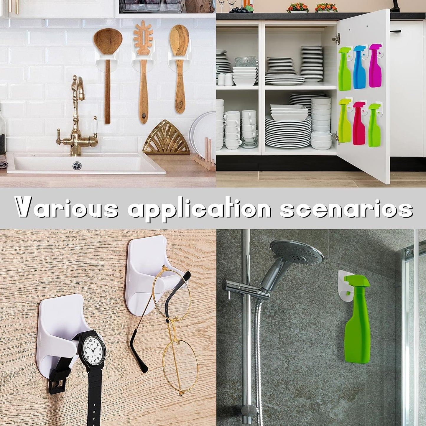 4 Pcs Wall Mount Spray Bottle Hooks Holder Spray Bottle Hanger Adhesive Hook to Create Storage Space Rack Organizer Hanger for Cabinet Kitchen Variety Surfaces (White)