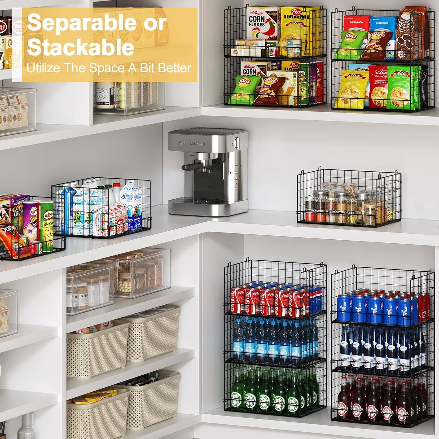 4 Pack Stackable Wire Baskets for Pantry Organizers and Storage