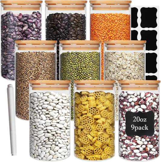 Glass Food Storage Containers Jars with Airtight Bamboo Lid 20 oz 9 pcs