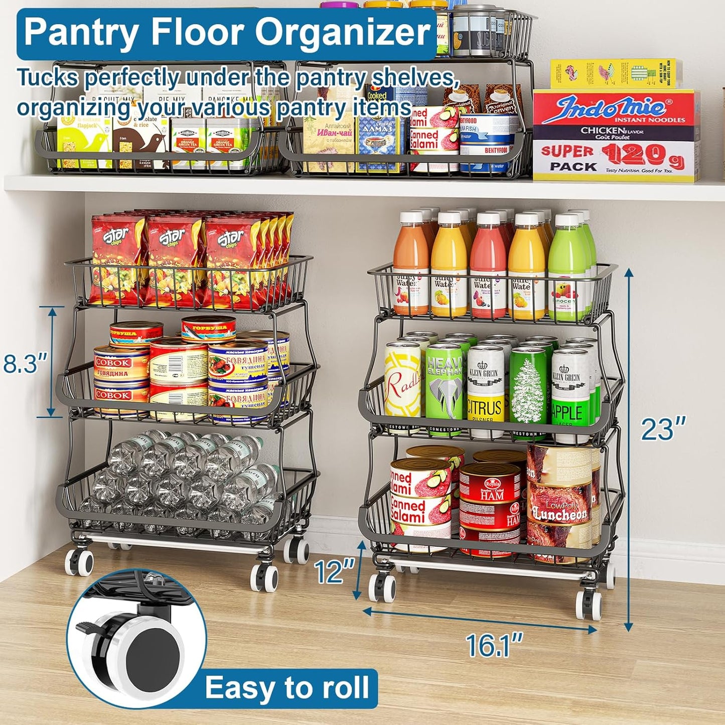 3-Tier Rolling Pantry Floor Organizer and Storage Cart with Wheels