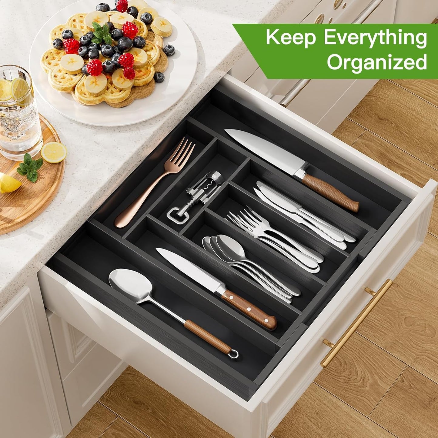 Bamboo Expandable Drawer Organizer for Utensils Holder, Adjustable Cutlery Tray