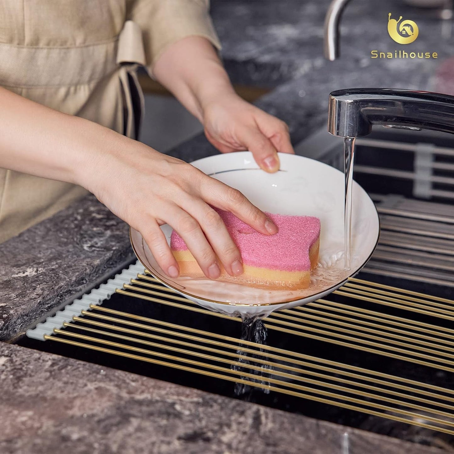 Roll Up Dish Drying Rack, Stainless Steel Dish Drainer Over The Sink with Anti-Slip Silicone for Kitchen Counter, Gold (17.8 x 15.7 in)