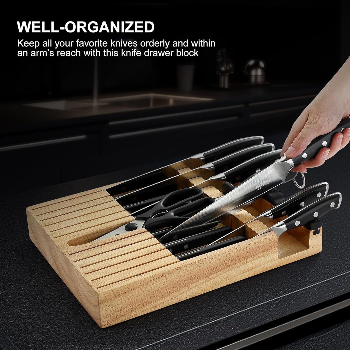 Knife Set with Block, N NOBLE FAMILY 16Pcs Kitchen Knives Drawer Organizer Set with Sharpener