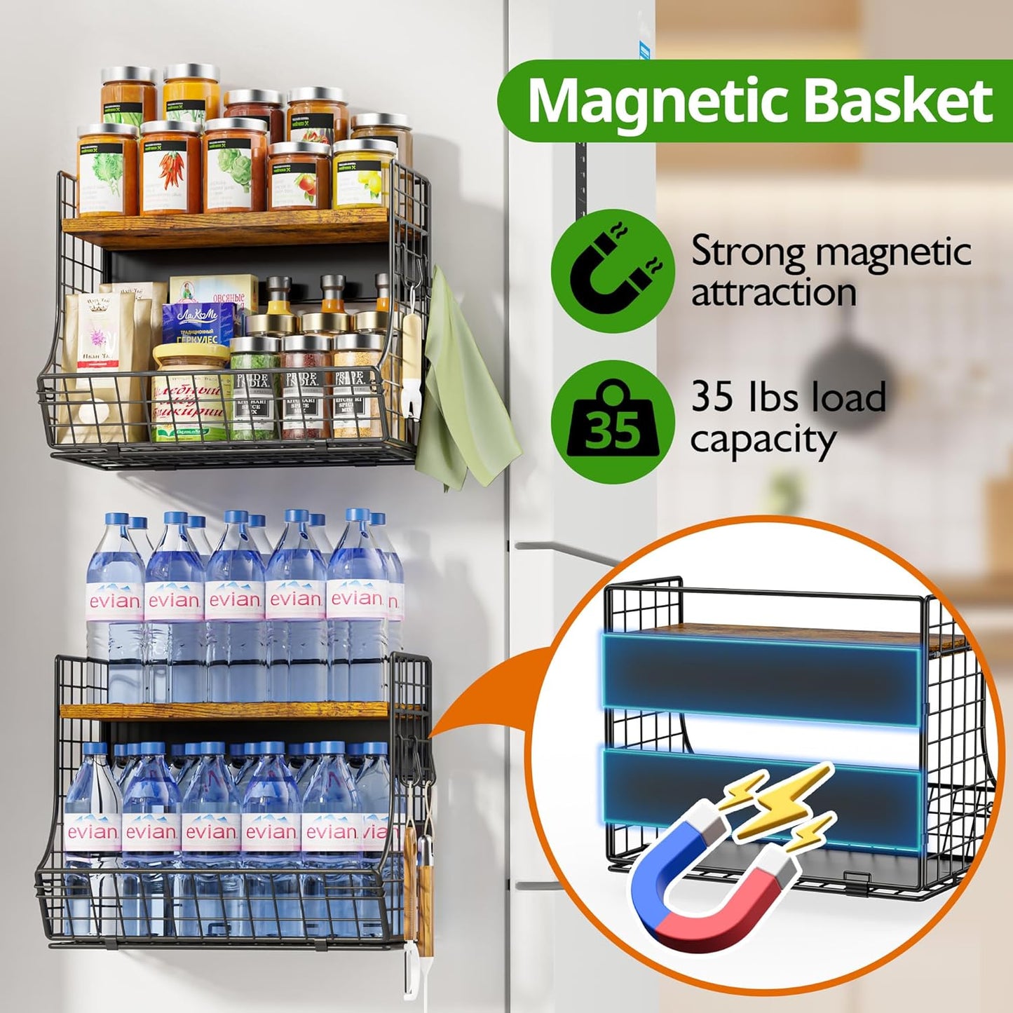 Magnetic Shelf for Fridge with Wood Lid, Fruit Potato and Onion Storage Bins