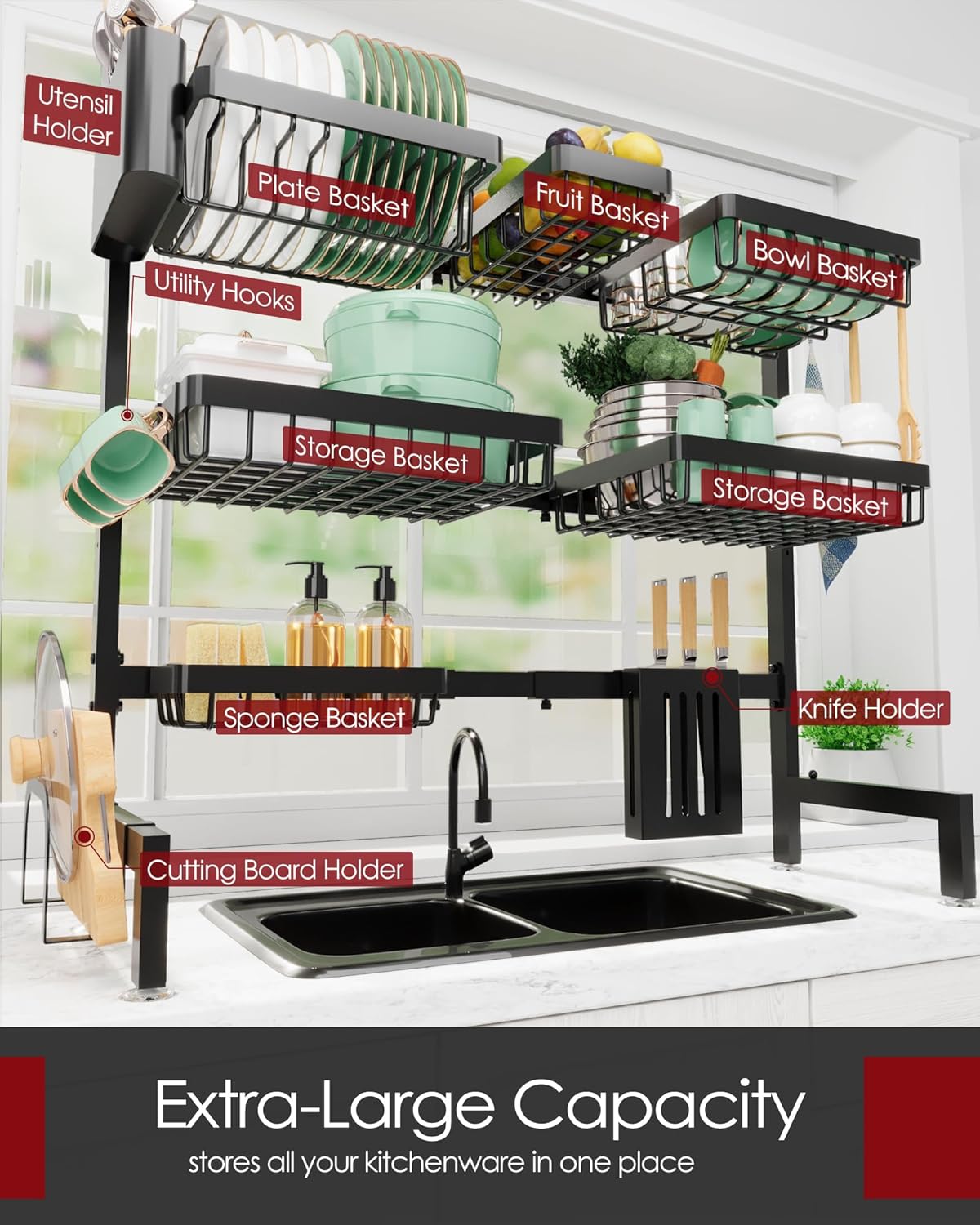 Dish Drying Rack - Over The Sink Dish Drainer Drying Rack with Utensil & Knife Holder, Hooks