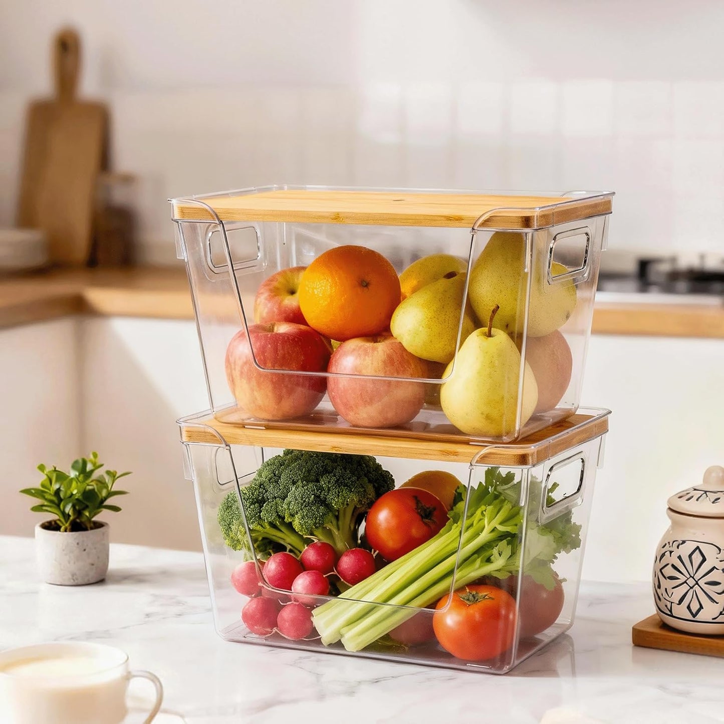 2 Set Pantry Organizers and Storage with Bamboo Lids, Stackable Clear Bins for Onion, Potato