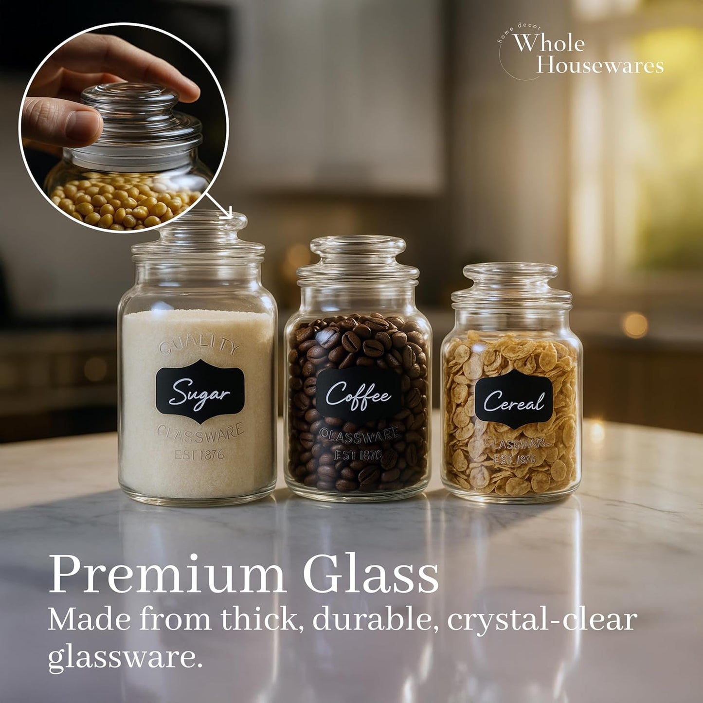 Glass Canisters with Airtight Lids Set of 3 - Glass Storage Jars for Candy, Cookie, Flour, Sugar