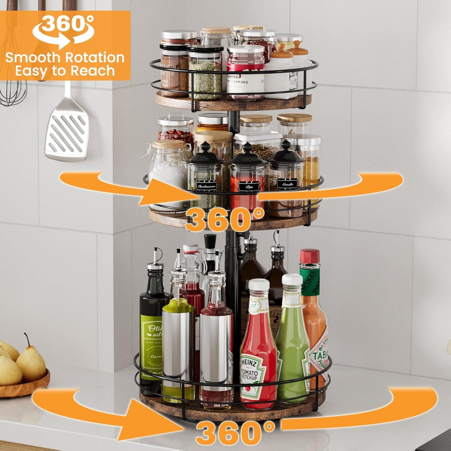 3 Tier Lazy Susan Spice Rack Organizer with Adjustable Height