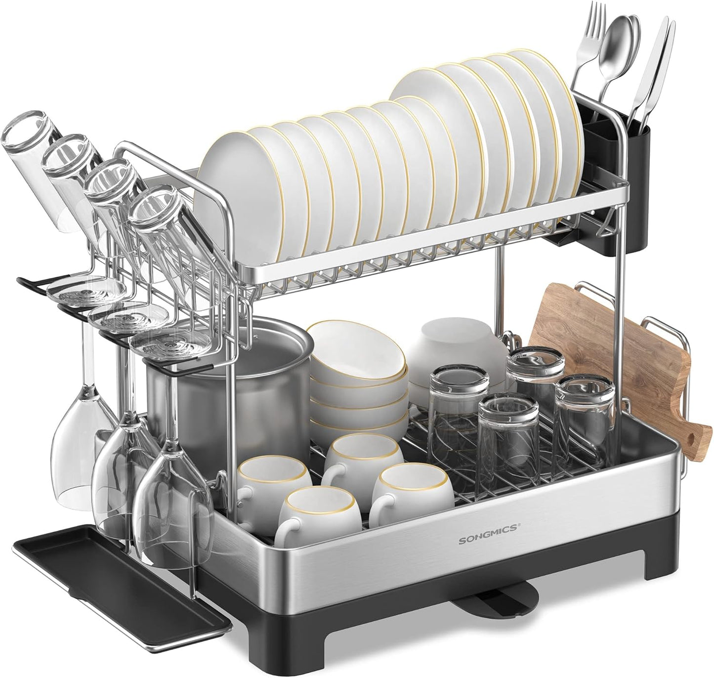 Dish Drying Rack - 2 Tier Dish Rack for Kitchen Counter with Rotatable and Extendable Drain Spout