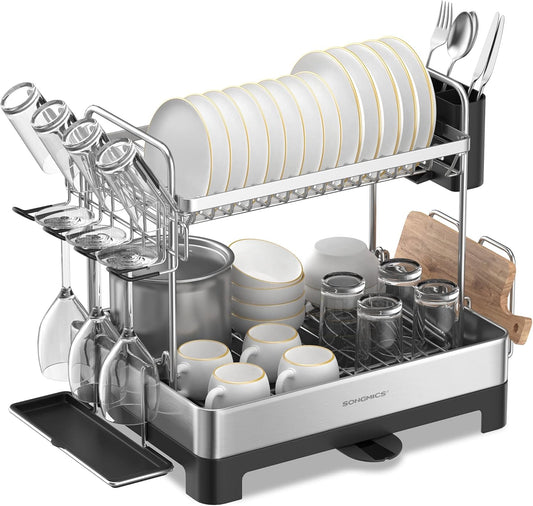 Dish Drying Rack - 2 Tier Dish Rack for Kitchen Counter with Rotatable and Extendable Drain Spout