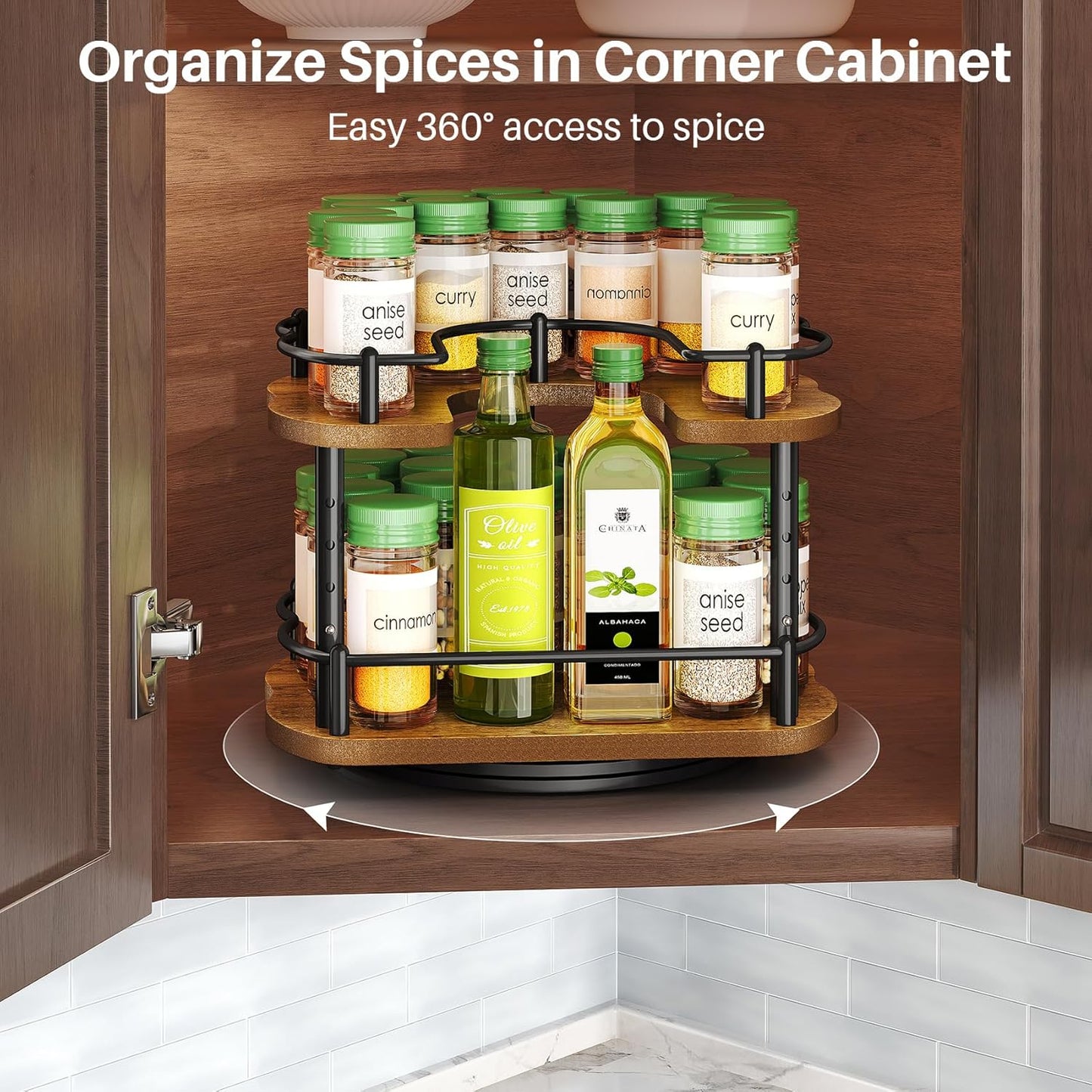 Spice Rack Organization for Cabinet - Height Adjustable Rotating Lazy Susan Organizer