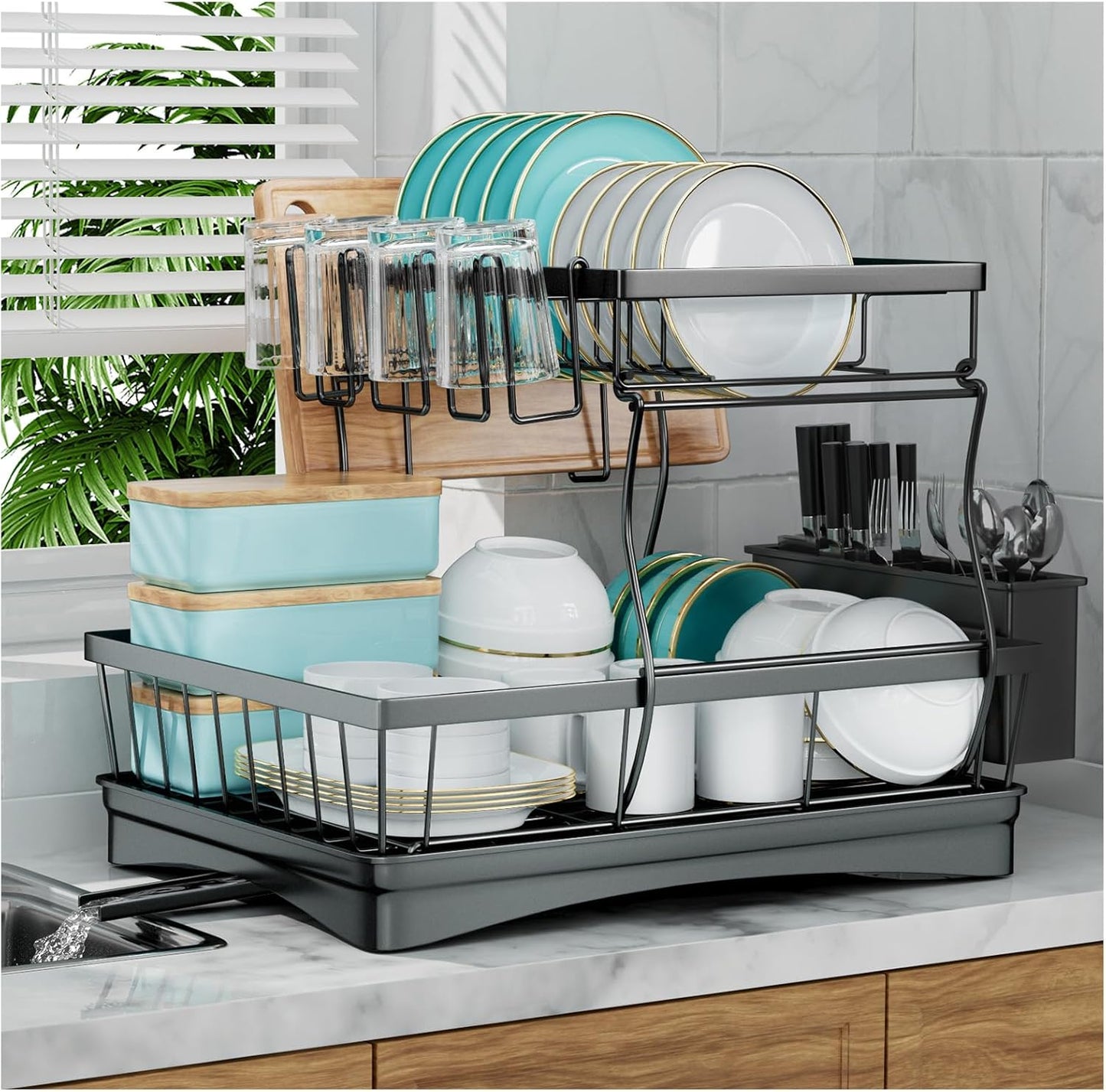 Large Dish Drying Rack for Kitchen Counter, Detachable Large Capacity Dish Drainer Organizer